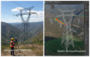 Comparación de fotogrametría terrestre y modelo 3D georreferenciado de una torre de transmisión eléctrica en terreno montañoso.