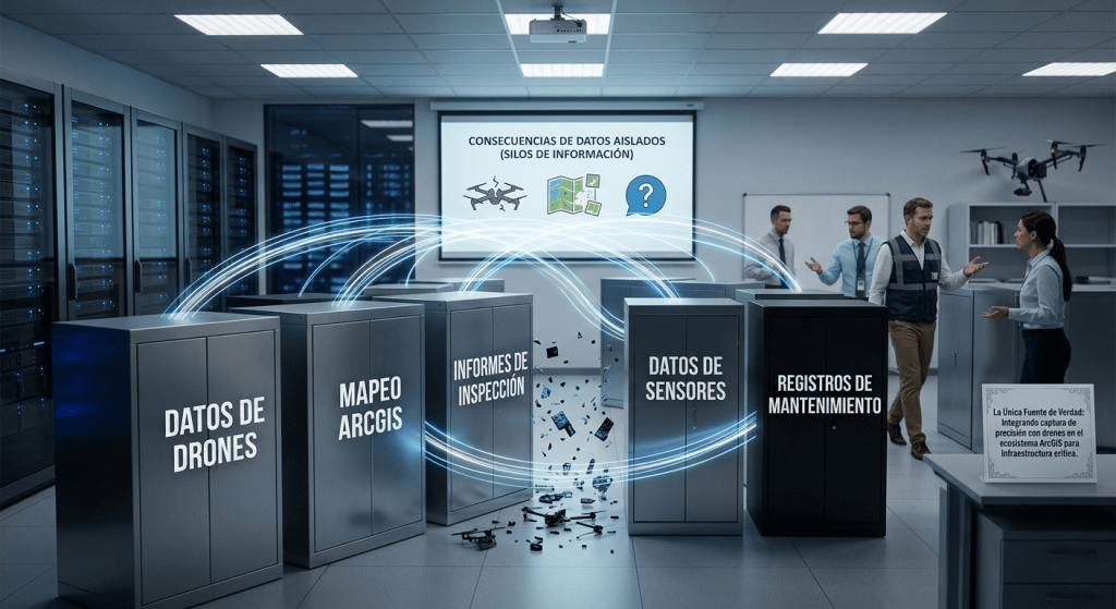 Representación visual de silos de información en un centro de datos con servidores etiquetados como Datos de Drones, Mapeo ArcGIS y Registros de Mantenimiento, mostrando la falta de integración.